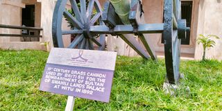 A 19th century brass cannon in front of the Lamu Museums in Lamu old town.