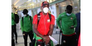 Harambee Stars goalkeeper Arnold Origi at Jomo Kenyatta International Airport.
