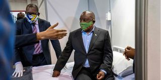 South African President Cyril Ramaphosa visits a Covid-19 treatment facility in Johannesburg in 2020.