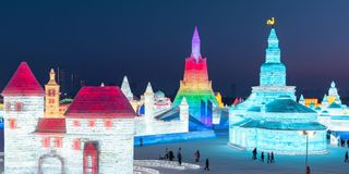 Ice sculptures at the Harbin Ice and Snow Festival in Harbin city in China's Heilongjiang province in January 2021.