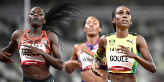 Jamaica's Natoya Goule (right) wins the women's 800m semi-final followed by third-placed Kenya's Mary Moraa