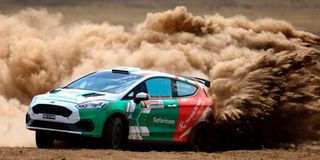 Mcrae Kimathi navigated by Mwangi Kioni racing on a Ford Fiesta during ARC Equator Rally Shakedown