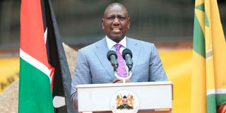 President-elect William Ruto makes his speech during the swearing-in ceremony of Nairobi Governor Johnson Sakaja.