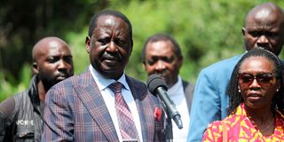 Azimio leaders led by Raila Odinga and Martha Karua address the media at Serena Hotel Nairobi