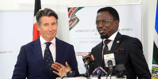 Sports CS Ababu Namwamba (right) welcomes World Athletics President Sebastian Coe