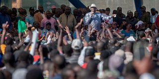 Azimio la Umoja leader Raila Odinga addresses supporters at a rally at Nairobi's Jacaranda Grounds