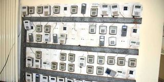Prepaid electricity meters at a building in Mombasa