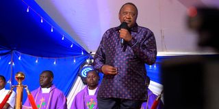 Former President Uhuru Kenyatta delivers his remarks during the burial ceremony of former Education CS Prof George Magoha