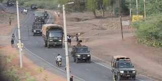 Kenya Defence Forces vehicles in a convoy at Marigat in Baringo County on February 17, 2023
