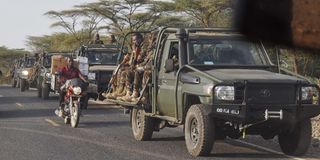Kenya Defence Forces (KDF) vehicles ferrying soldiers in a convoy at Marigat in Baringo County on February 17, 2023.