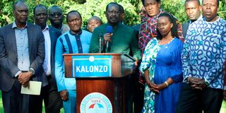 Azimio leader Raila Odinga addressing journalists during Azimio Parliamentary Group Presser