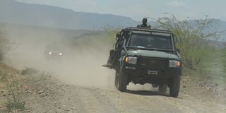 A KDF convoy with soldiers heading towards Arabal in Baringo County from Marigat on March 14, 2023
