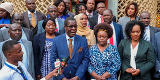 Azimio leaders led by National Assembly Minority leader Opiyo Wandayi during a press conference at Parliament Buildings