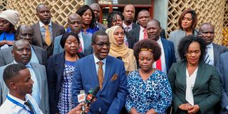 Azimio leaders led by National Assembly Minority leader Opiyo Wandayi during the press conference at Parliament Buildings
