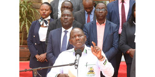 Governor Jonathan Bii and his Deputy Governor John Barorot and county officials addressing the press in Eldoret on July 11, 2023