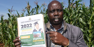 Edward Kiptek who paid Sh2.5m for his daughters to study in Finland shows an advert that the County government ran in 2022