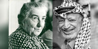 Former Prime Minister of Israel Golda Meir (left) and former Palestinian leader Yasser Arafat.