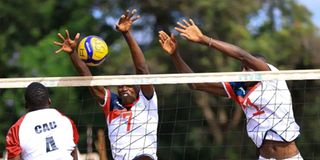General Service Unit players Obadiah Kiptoo (left) and Emmanuel Kogo block an attack
