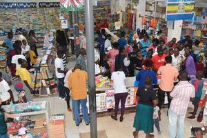 Customers do last-minute school shopping at Veghela Bookshop in Kakamega town