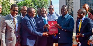 Raila Odinga holds a copy of a copy of Nadco report