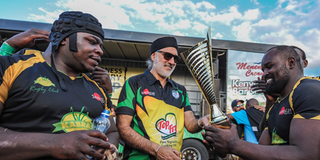 Rai Group of Companies Chairman Jaswant Singh Rai (centre) with Kabras Sugar RFC players